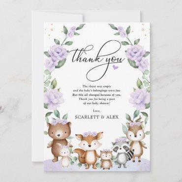 Purple Floral Woodland Greenery Animal Baby Shower Thank You Card