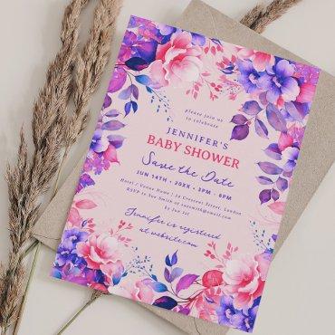 Purple Garden Floral Baby Shower Save Date Blush