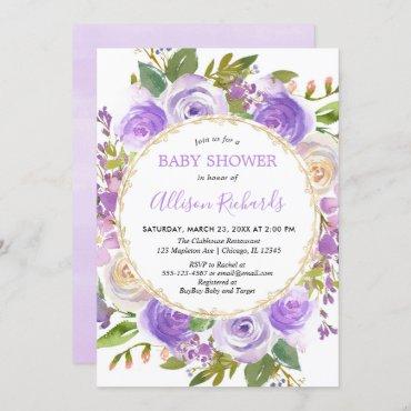 Purple girl baby shower, floral lavender lilac invitation