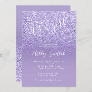 Purple glitter lavender ombre script baby shower invitation