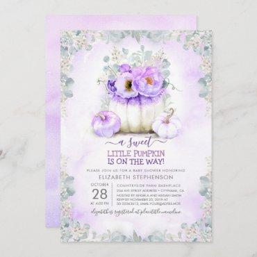 Purple Glitter Little Floral Pumpkin Baby Shower Invitation