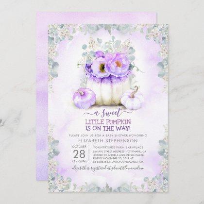 Purple Glitter Little Floral Pumpkin Baby Shower Invitation