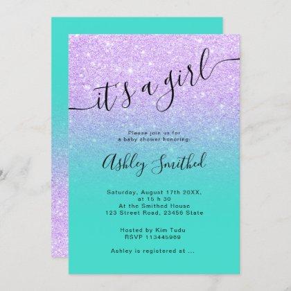 Purple glitter turquoise ombre script baby shower invitation