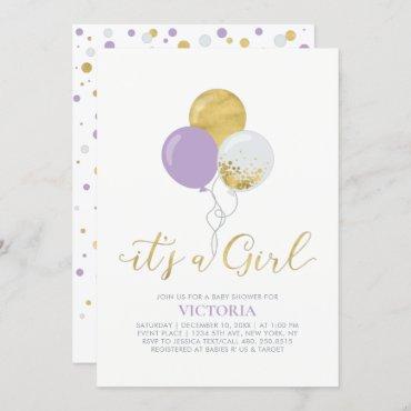 Purple & Gold Balloons | It's a Girl Baby Shower Invitation