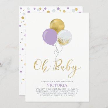 Purple & Gold Balloons | Oh Baby Girl Baby Shower Invitation