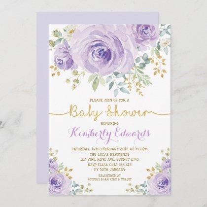 Purple Gold Boho Floral Rose Girl Baby Shower Invitation