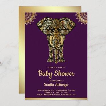 Purple Gold Elephant Indian Baby Shower Invitation