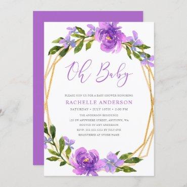 Purple Gold Floral Geometric Girl Baby Shower Invitation