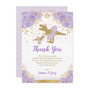 Purple Gold Princess Dinosaur Tutu Tiara Baby Girl Thank You Card