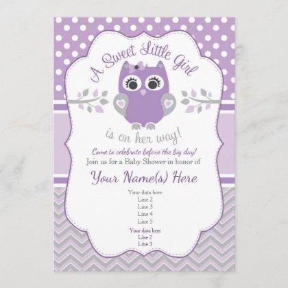 Purple Gray Little Owl Baby Shower Invitation