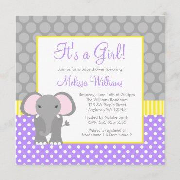 Purple Gray Yellow Elephant Girl Baby Shower Invitation