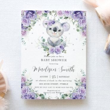 Purple Lilac Floral Cute Koala Baby Shower
