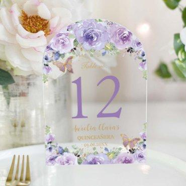 Purple Lilac Floral Quinceañera XV 16 Table Number