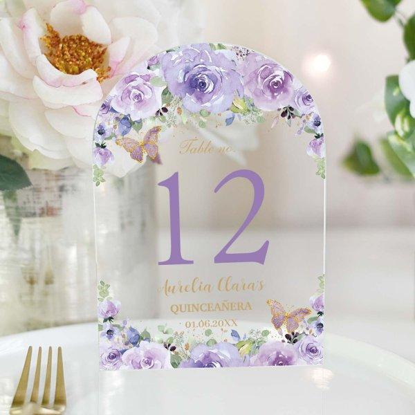 Purple Lilac Floral Quinceañera XV 16 Table Number