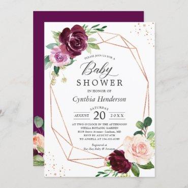 Purple Love Floral Rose Gold Confetti Baby Shower Invitation