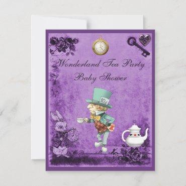 Purple Mad Hatter Wonderland Tea Party Baby Shower Invitation