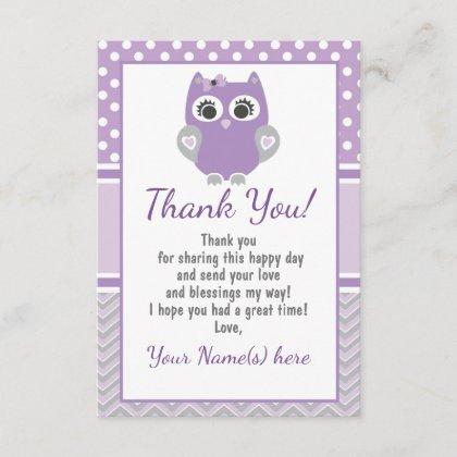Purple OWL thank you card baby shower, birthday