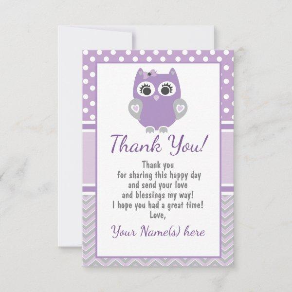 Purple OWL thank you card baby shower, birthday