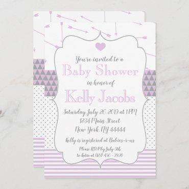 Purple Quilted Heart Arrows Baby Shower Invitation