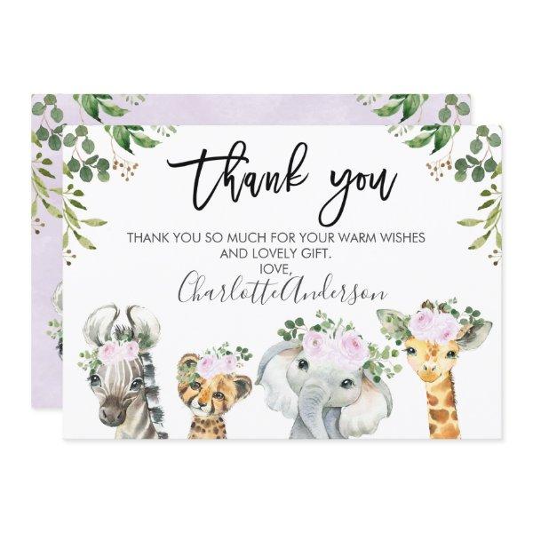 Purple Safari Animals Baby Shower Thank You Card