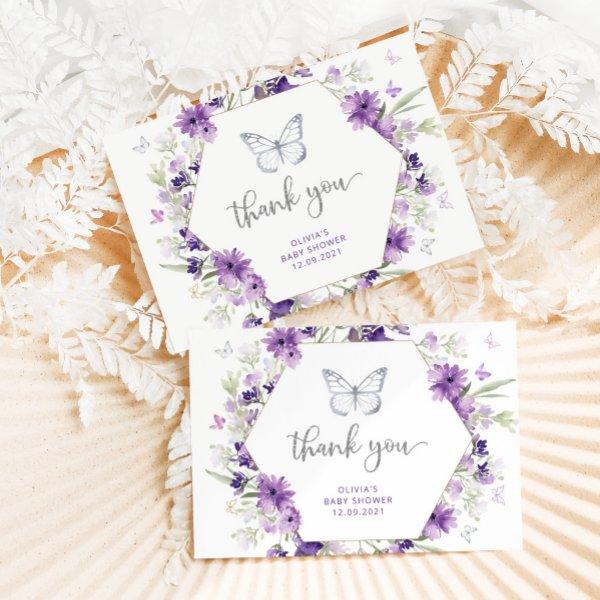 Purple silver butterfly baby shower thank you card