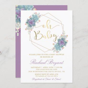 Purple Succulents Gold Geometric Baby Shower Invitation