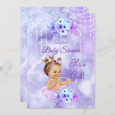 Purple Teal floral Girl Baby Shower Brunette Invitation