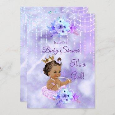 Purple Teal floral Girl Baby Shower dark Brunette
