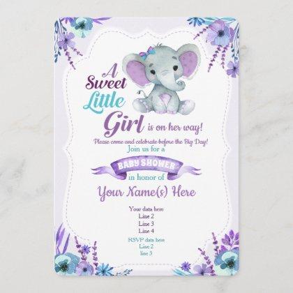 Purple Teal girl elephant  baby shower
