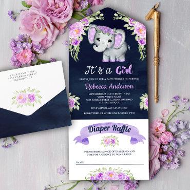 Purple Watercolor Floral Elephant Navy Baby Shower All In One
