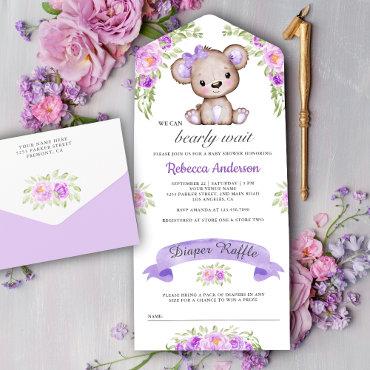 Purple Watercolor Floral Teddy Bear Baby Shower All In One