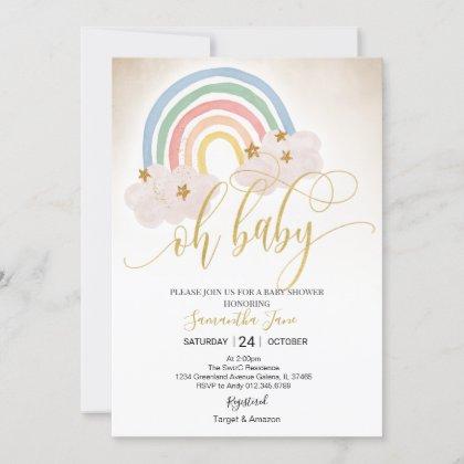 Rainbow Gold Glitter Baby Sprinkle Oh Baby Shower Invitation