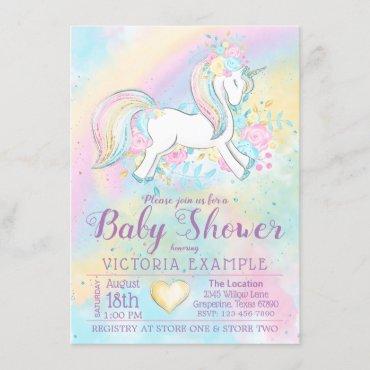 Rainbow Unicorn Baby Shower Invitations