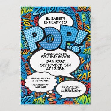 Ready to Pop Baby Shower Comic Book Fun Blue Invitation