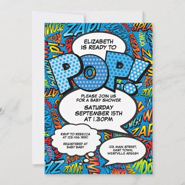 Ready to Pop Baby Shower Comic Book Fun Blue