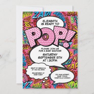 Ready to Pop Baby Shower Comic Book Fun Pink Invitation