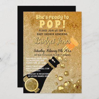 Ready to Pop Champagne Glamorous Gold Baby Shower Invitation