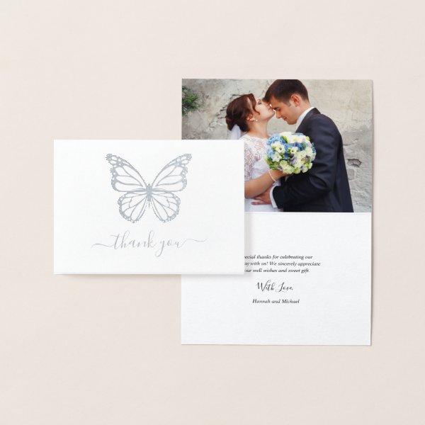 Real Silver Foil Butterfly Photo Wedding Thank You Foil Card