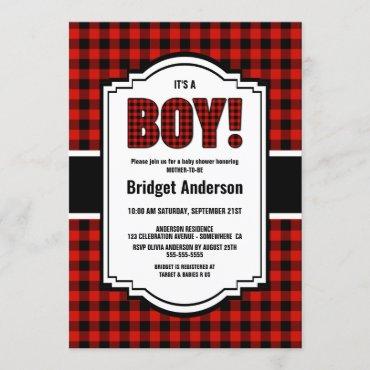 Red and Black Buffalo Plaid Baby Shower Invitation