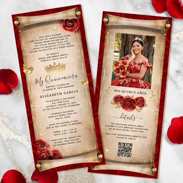 Red and Gold Quinceanera Scroll  Card