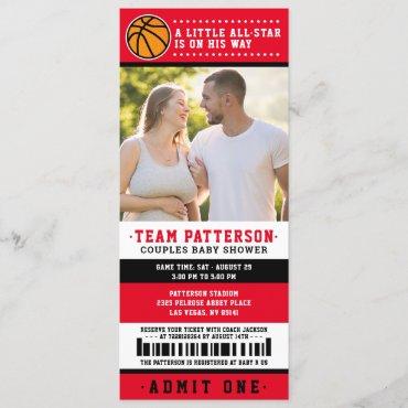Red Basketball Ticket Couples Baby Shower Photo Invitation