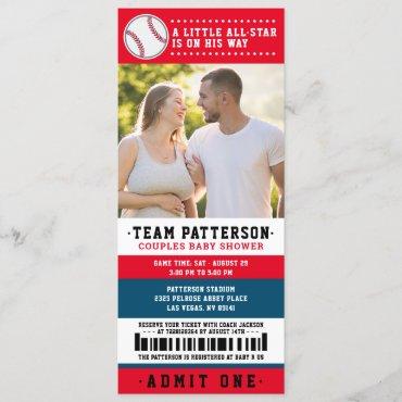 Red Blue Baseball Ticket Couples Baby Shower Photo