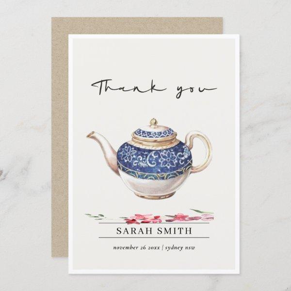 Red Blue watercolor Teapot Floral Tea Party Thank You Card