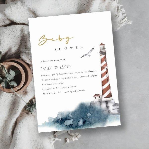 RED DUSKY BLUE LIGHTHOUSE SEA BABY SHOWER INVITE