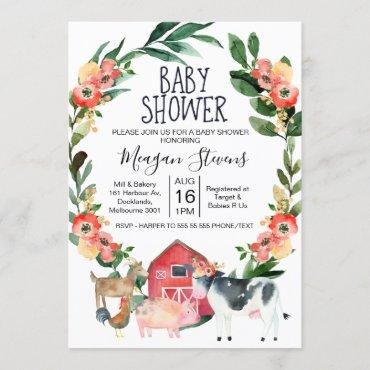 Red Floral Farm Animals Baby Shower Invitation