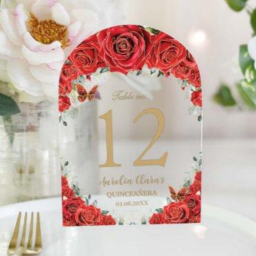 Red Floral Roses Gold Quinceañera 16 Table Number