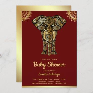 Red Gold Elephant Indian Baby Shower Invitation