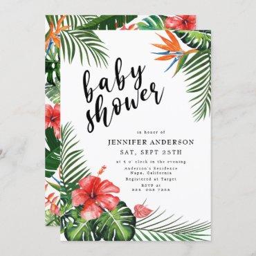 Red Hibiscus Palm Leaves Tropical Baby Shower Invitation