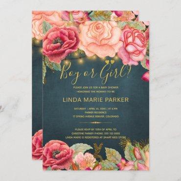 Red pink watercolor roses navy gold gender reveal