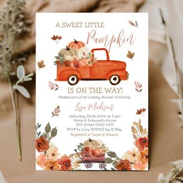 Red Pumpkin Truck Baby Shower Fall leaves